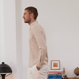 Chemise en lin blanche rayée beige homme