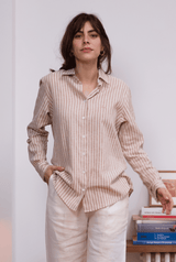 Chemise en lin blanche rayée beige femme