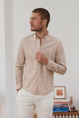 Chemise en lin blanche rayée beige homme