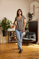 T shirt en lin femme - kaki - col V