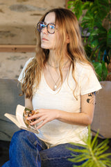 T shirt en lin femme - blanc - col V