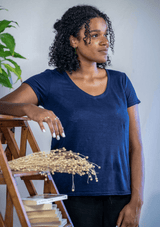 T shirt en lin femme - bleu - col v