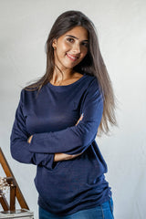 T shirt manches longues en lin bio femme - bleu