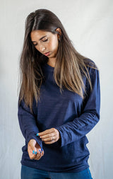 T shirt manches longues en lin bio femme - bleu