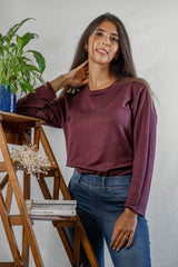 T shirt manches longues en lin bio femme - bordeaux