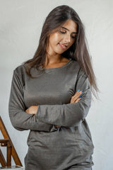 T shirt manches longues en lin bio femme - kaki