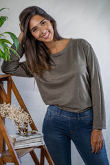 T shirt manches longues en lin bio femme - kaki