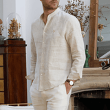 Chemise en lin col mao beige homme