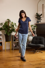 T shirt en lin femme - bleu - col v