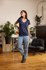 T shirt en lin femme - bleu - col v