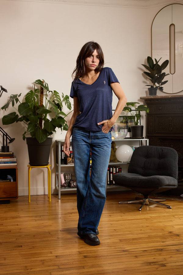T shirt en lin femme - bleu - col v