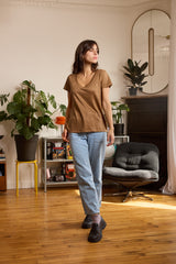 T shirt en lin femme - bronze - col V