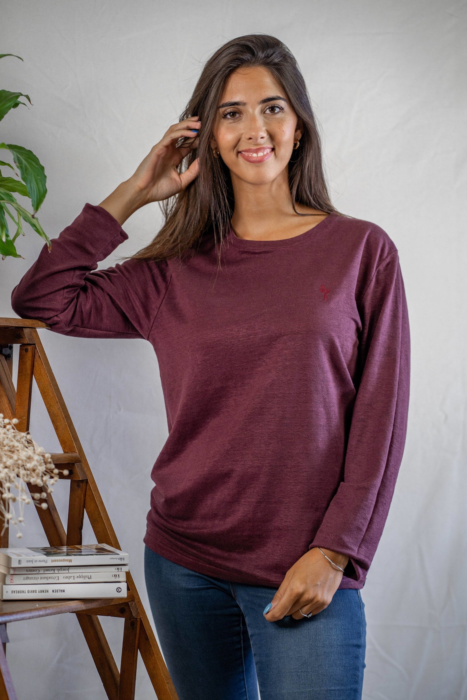 T shirt manches longues en lin bio femme bordeaux