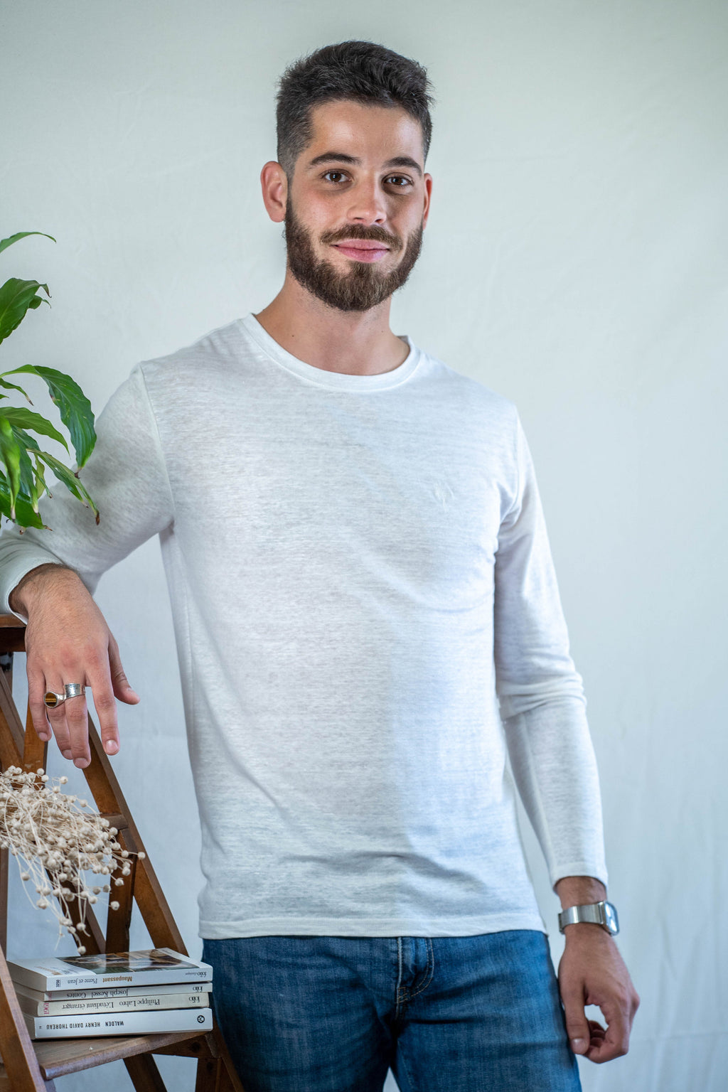 T shirt manches longues en lin bio homme blanc - Main Image