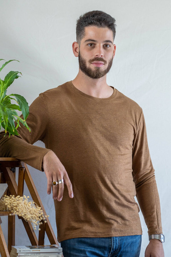 T shirt manches longues en lin bio homme - bronze